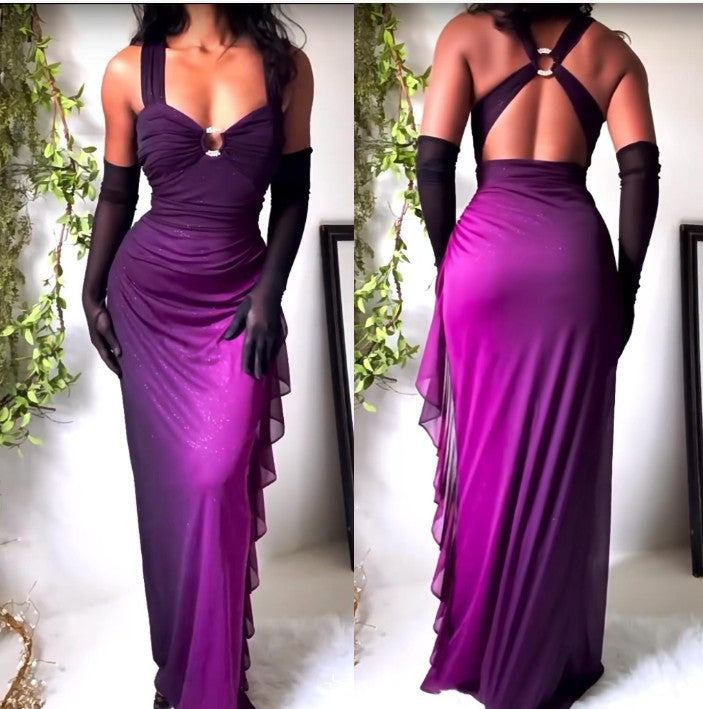 dresses under $160||Elegant Gradient Navy Blue Sheath Spaghetti Straps Sparkling Chiffon Prom Dress for Party HZ1024