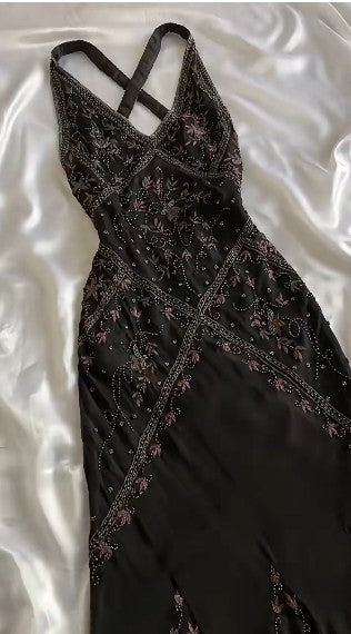 Black Beaded Halter Neck Mermaid Chiffon Prom Dress for Party Enchanted Backless Sleeveless Evening Gown HZ1024