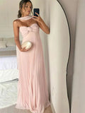 A Line Pink Long Prom Dress Pleated Formal Party HZ1024