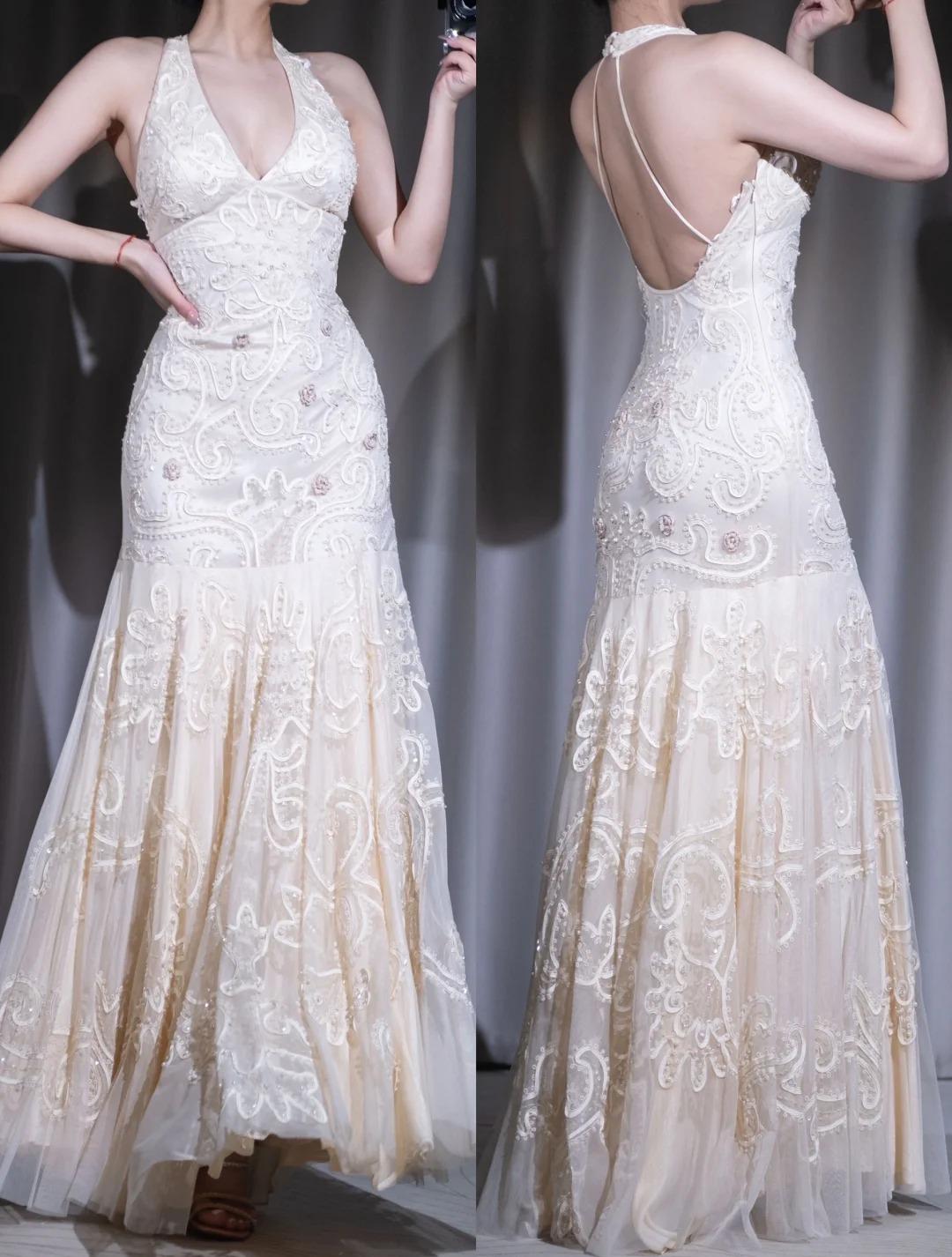 Apricot Mermaid Chiffon Beaded Prom Dress for Party&Birthday Ekegant Backless Halter Evening Gown HZ1024