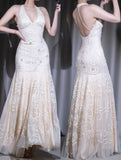 Apricot Mermaid Chiffon Beaded Prom Dress for Party&Birthday Ekegant Backless Halter Evening Gown HZ1024