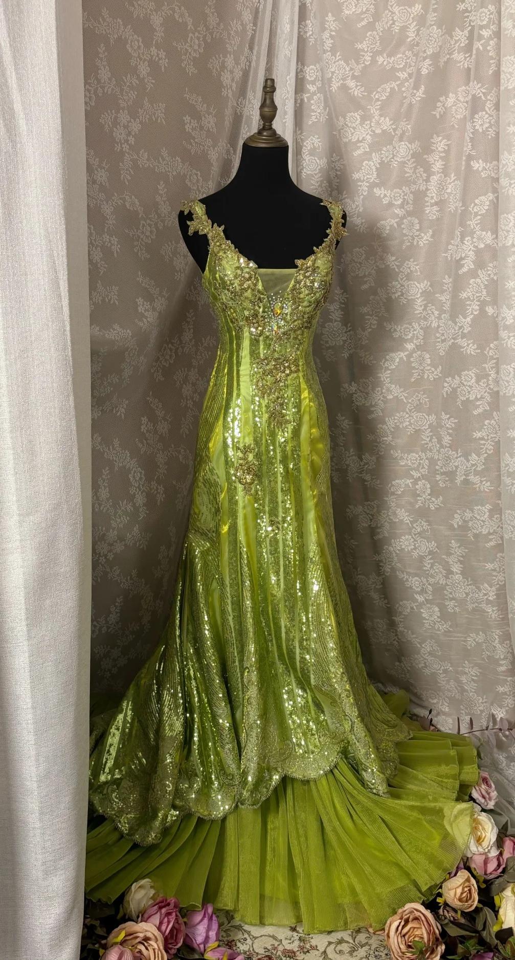 Bud Green Mermaid Sequins Beaded Prom Dress Backless Tulle Evening Gown HZ1024