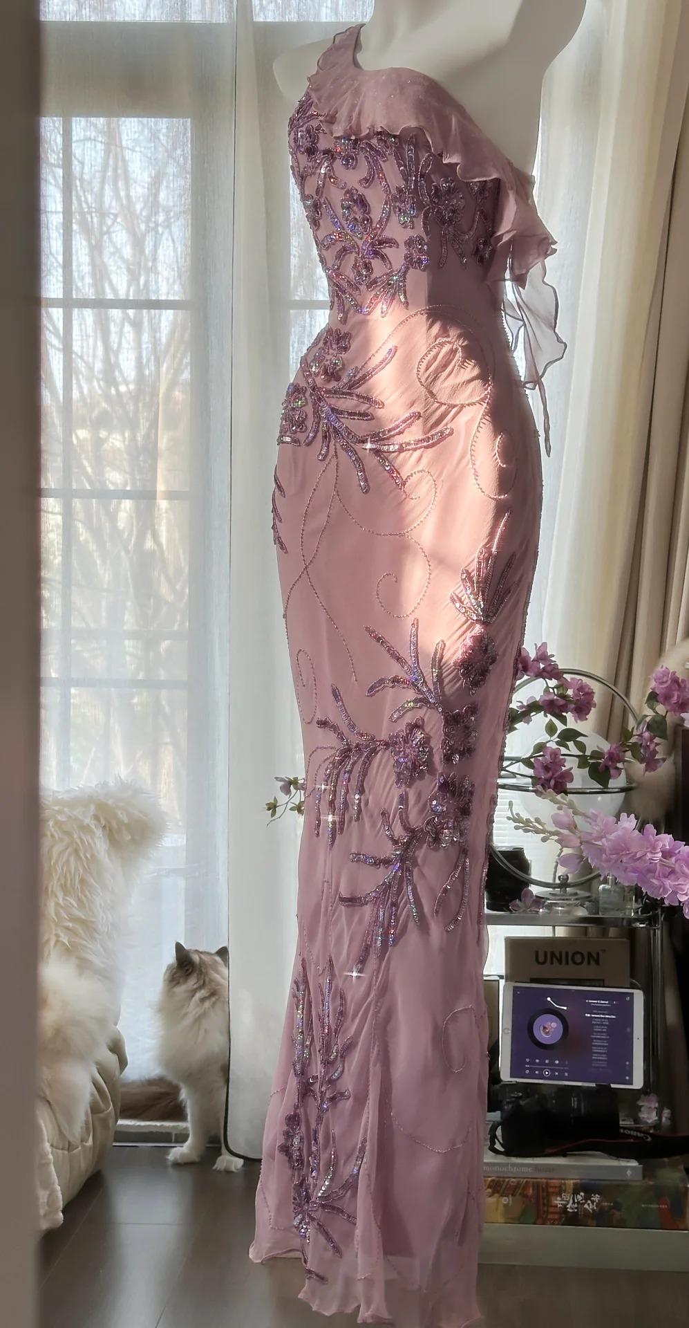 Light Purple One Shoulder Bodycon Beading Chiffon Prom Dress Vintage Glitter Evening Gown HZ1024