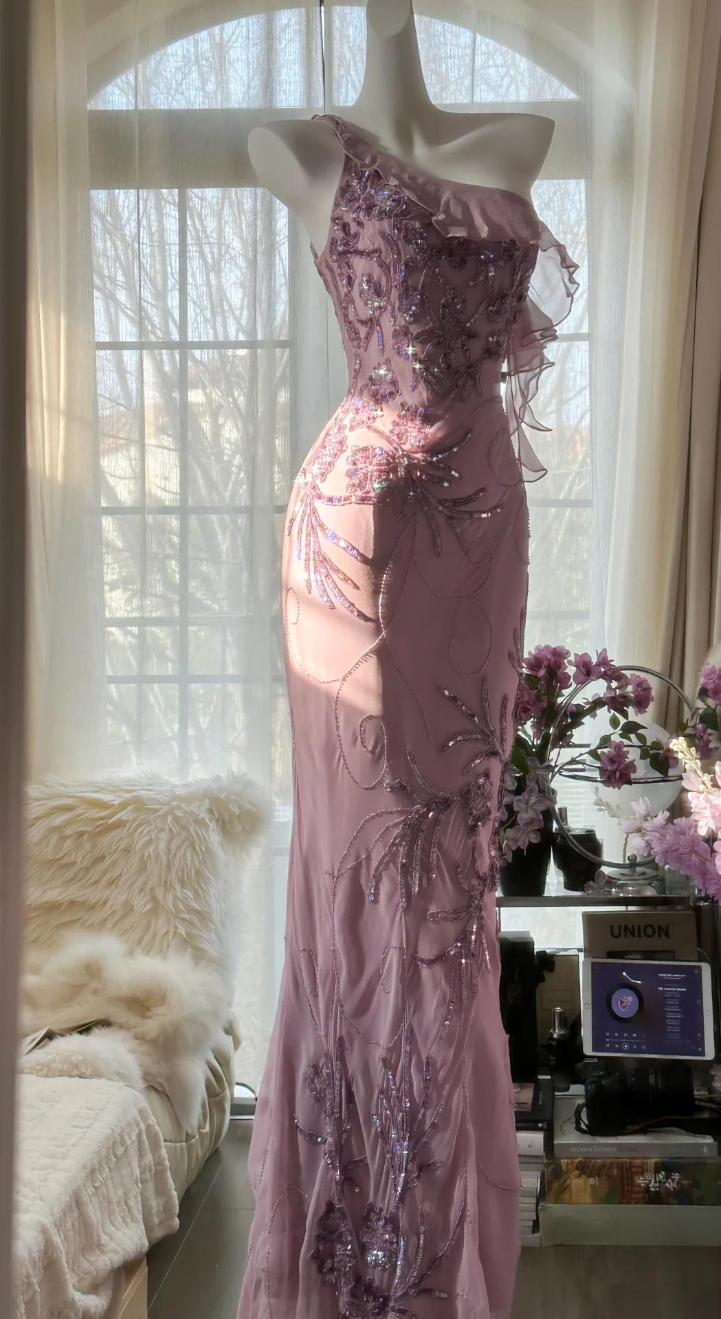 Light Purple One Shoulder Bodycon Beading Chiffon Prom Dress Vintage Glitter Evening Gown HZ1024