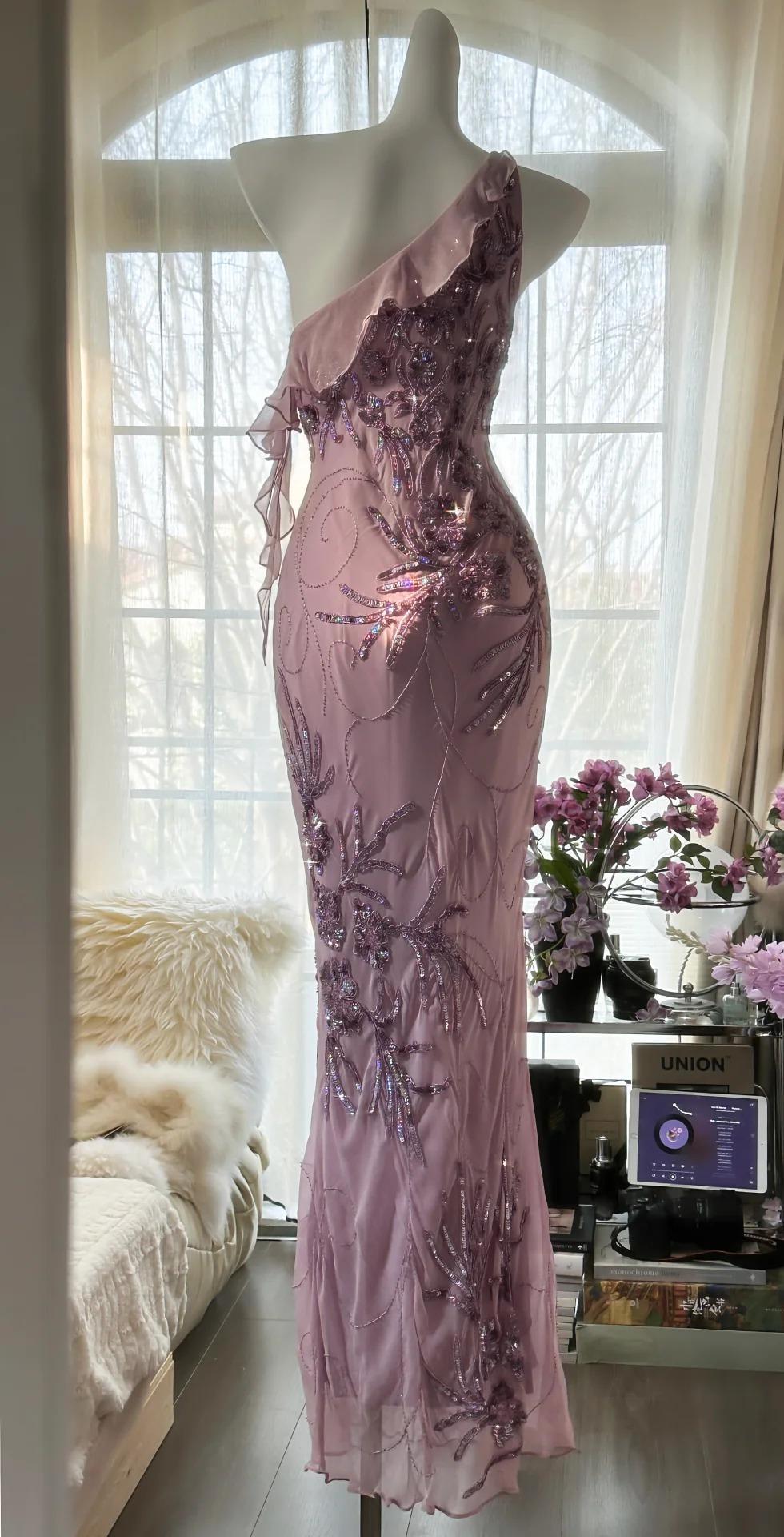 Light Purple One Shoulder Bodycon Beading Chiffon Prom Dress Vintage Glitter Evening Gown HZ1024