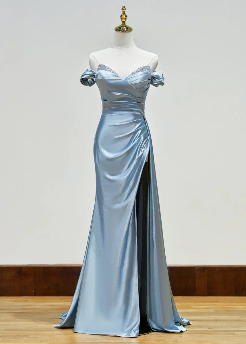 Beaded Mermaid Satin Off Shoulder Long Prom Dress Evening Gown with Slit HZ1024