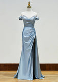 Beaded Mermaid Satin Off Shoulder Long Prom Dress Evening Gown with Slit HZ1024