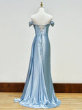 Beaded Mermaid Satin Off Shoulder Long Prom Dress Evening Gown with Slit HZ1024