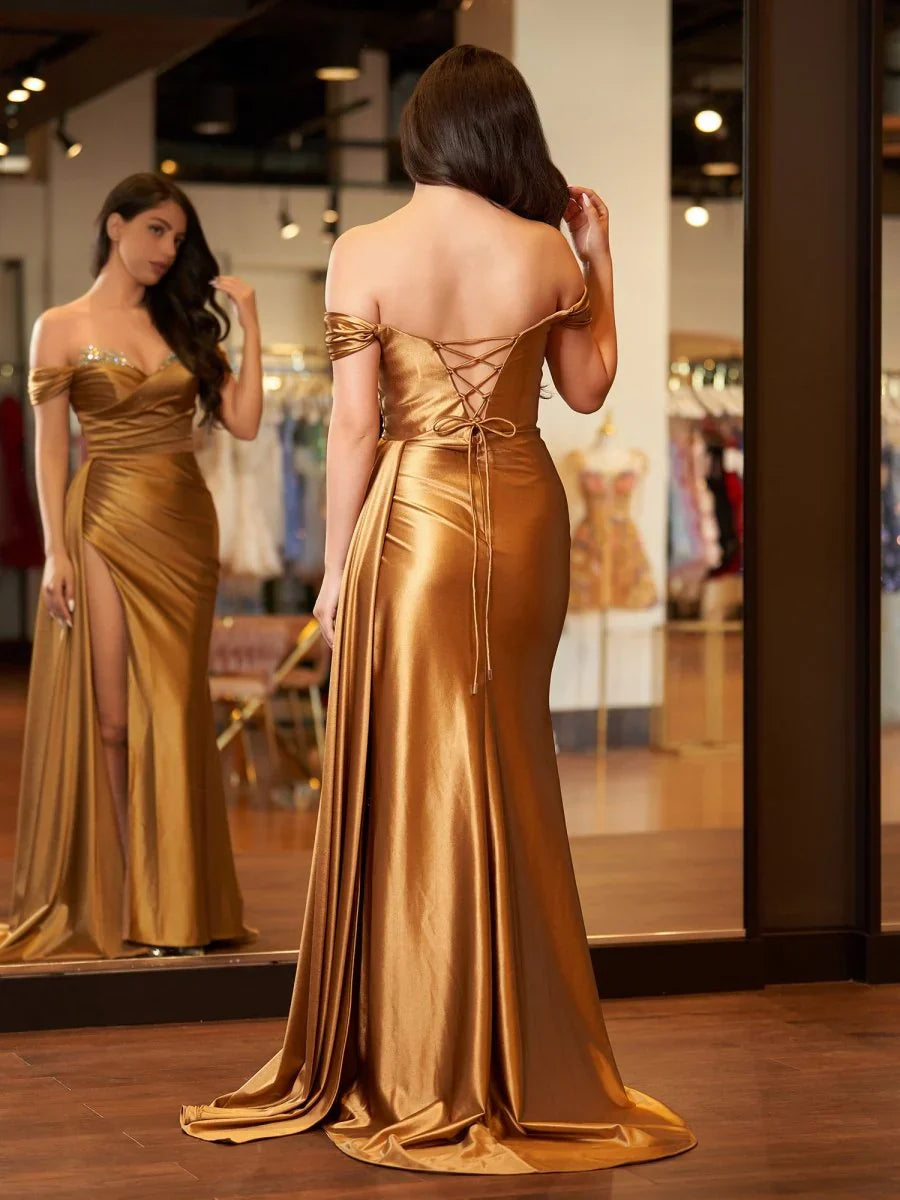 Beaded Mermaid Satin Off Shoulder Long Prom Dress Evening Gown with Slit HZ1024