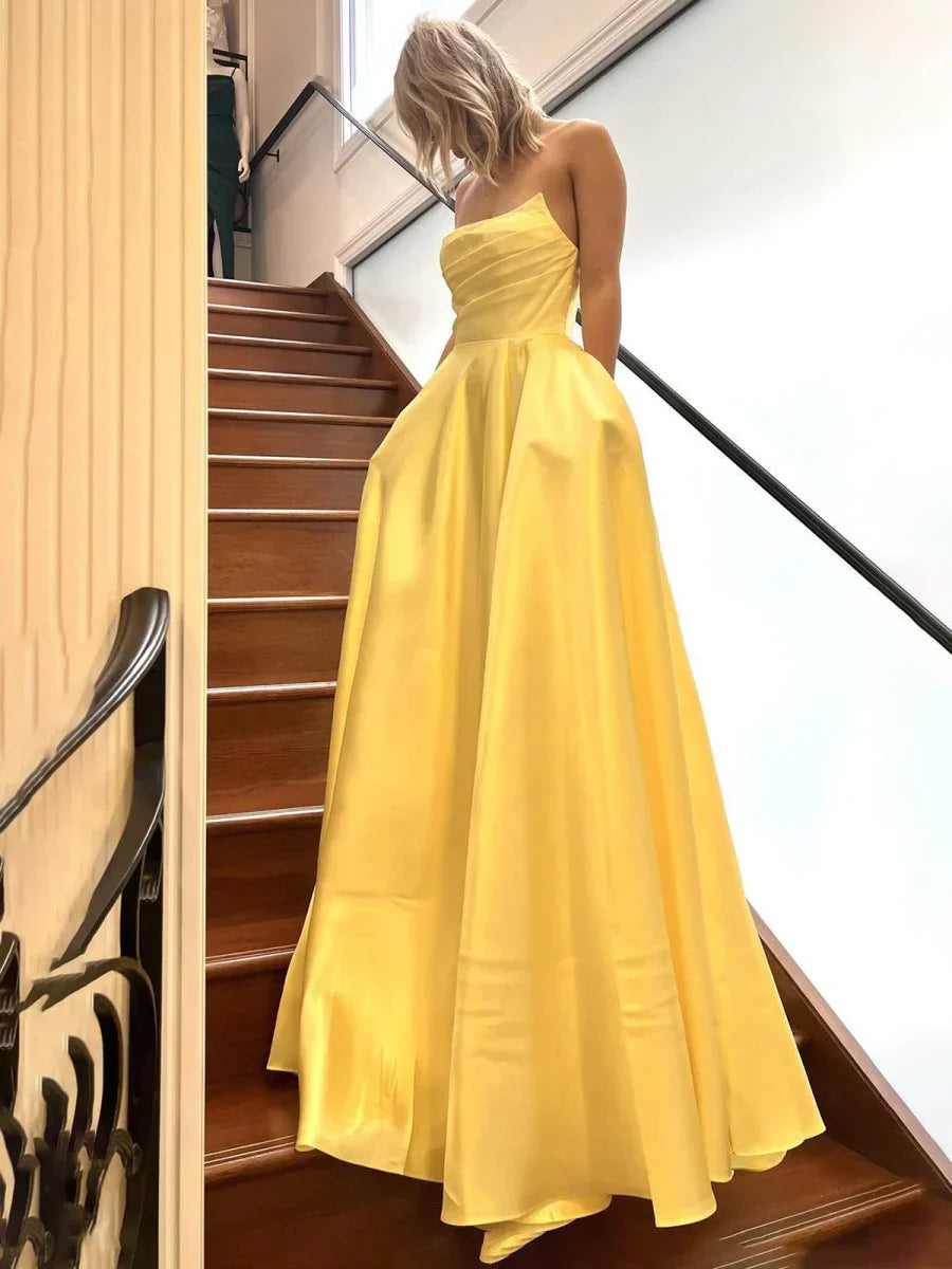 Sage Green Satin A-line Long Prom Dress With Slit Strapless Evening Dress HZ1024