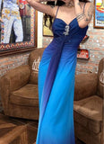 Chiffon Gradient Blue Prom Dress for Party Elegant 2000s Spaghetti Strap Evening Gown HZ1024