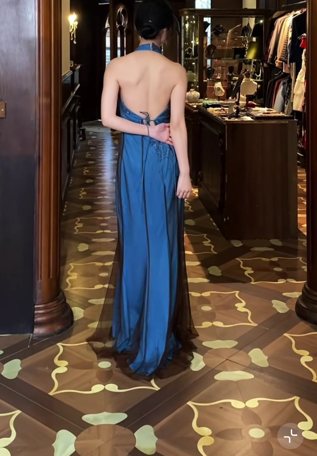 V-neck Blue Beaded Satin Sheath Elegant Backless Chiffon Spaghetti Strap Long Evening Gown HZ1024