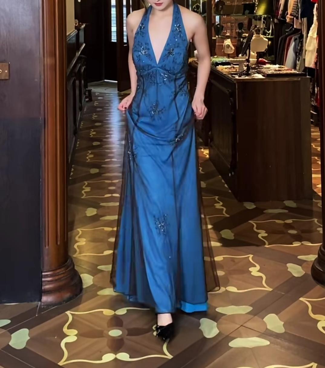 V-neck Blue Beaded Satin Sheath Elegant Backless Chiffon Spaghetti Strap Long Evening Gown HZ1024