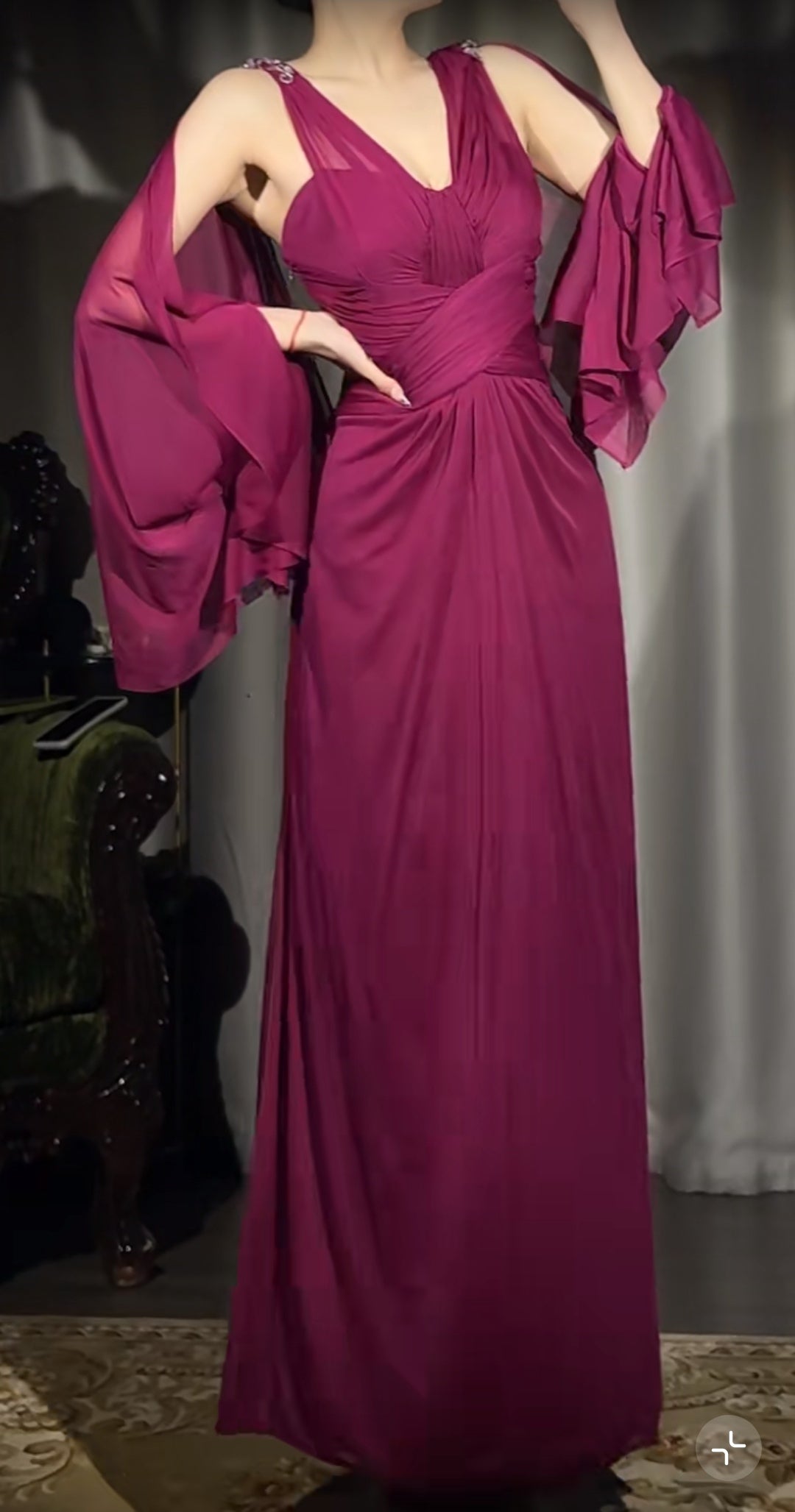 A-Line Grape V-neck Long Prom Dress Glam Sleeveless Chiffon Evening Dress HZ1024