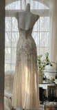 Spaghetti Straps Apricot Beaded Chiffon Mermaid Gowns Vintage Backless Prom Dress HZ1024
