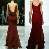 Burgundy Spaghetti Straps Mermaid Backless Chiffon Long Prom Dress HZ1024