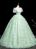 Mint Green A-Line Puff Sleeves Tulle Lace Long Prom Dress Formal Dress HZ1024