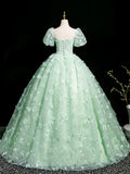 Mint Green A-Line Puff Sleeves Tulle Lace Long Prom Dress Formal Dress HZ1024