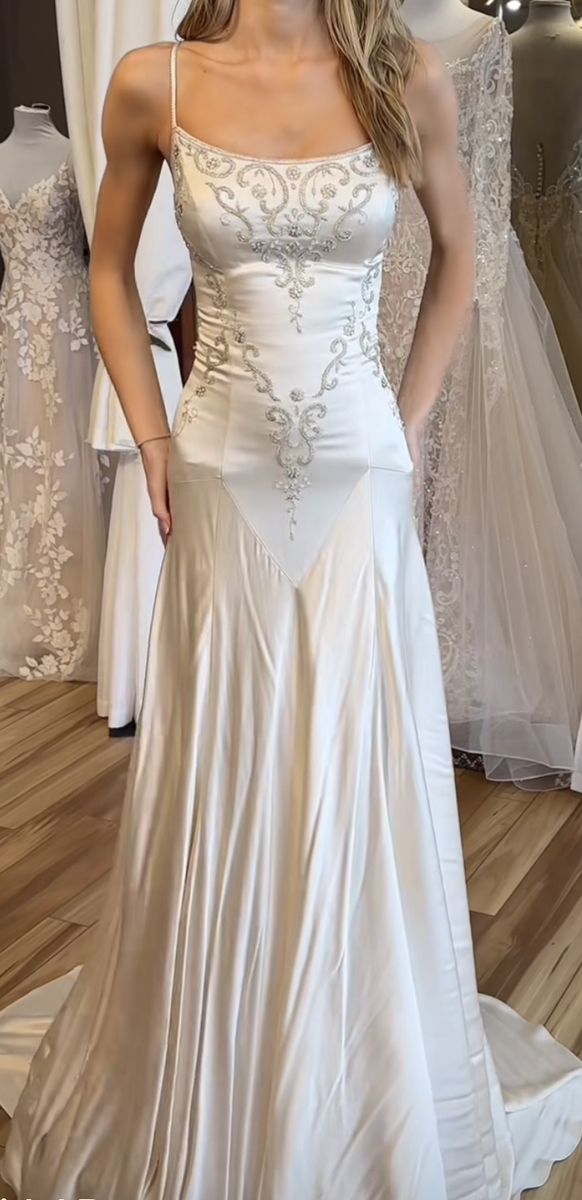 Spaghetti Straps Mermaid Wedding Dress Satin Beading Long Prom Dress Simple Formal Evening Dress HZ1024