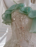 Mint Green Spaghetti Straps Chiffon Ruffled Prom Dresses Shiny Beaded Sequined Backless Evening Dresses HZ1024