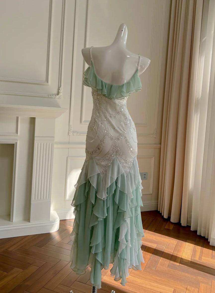 Mint Green Spaghetti Straps Chiffon Ruffled Prom Dresses Shiny Beaded Sequined Backless Evening Dresses HZ1024