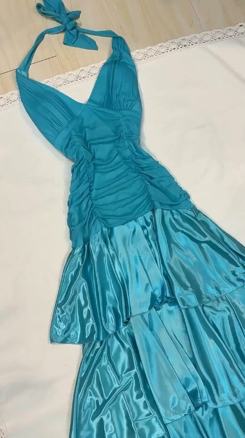 Turquoise Chiffon Halter A-line Long Prom Dresses Sweet Backless Tiered Satin Party Dresses HZ1024