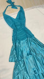 Turquoise Chiffon Halter A-line Long Prom Dresses Sweet Backless Tiered Satin Party Dresses HZ1024