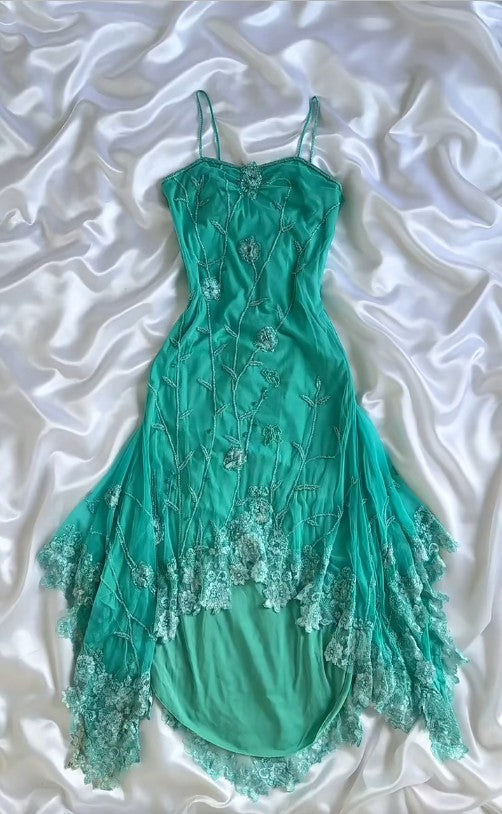 Turquoise Spaghetti Straps Chiffon Party Dresses Vintage Lace Applique Prom Dresses Homecoming Dresses HZ1024