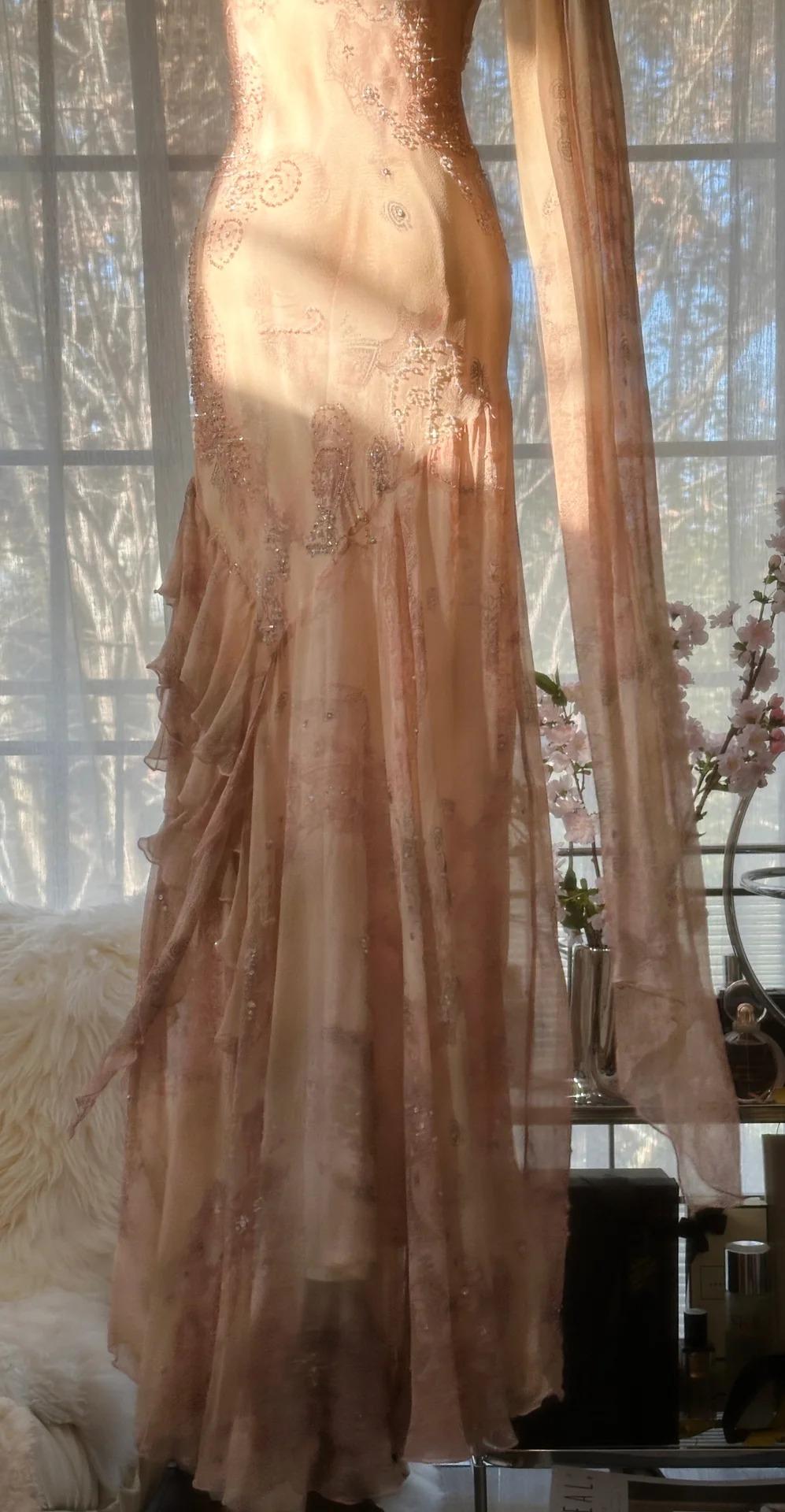 Spaghetti Straps Printed Chiffon Sheath Sparkling Beaded Evening Dress HZ1024