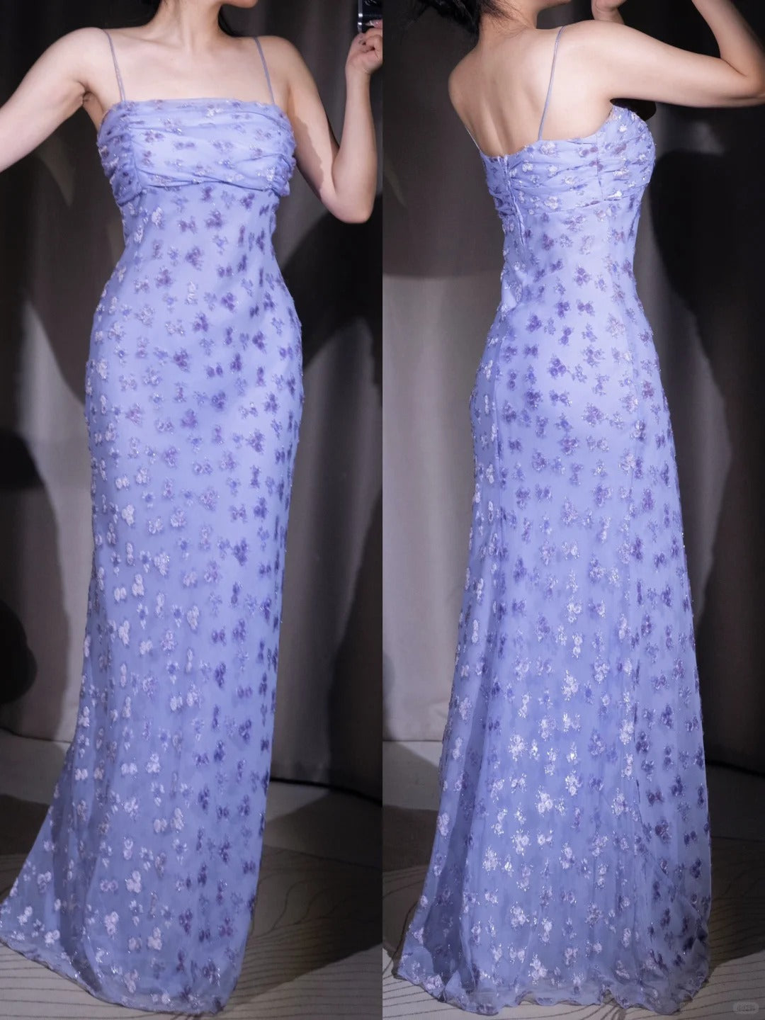 Elegant Purple Chiffon Sheath Party Dresses Spaghetti Straps Shiny Beaded Long Prom Dresses HZ1024