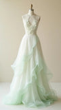Gradient Light Green V neck A-Line Tulle Long Prom Dresses Sweet Beaded Applique Formal Evening Dress HZ1024