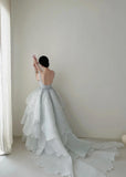 Spaghetti Straps A-Line Open Back Chiffon Layered Train Wedding Dresses HZ1024