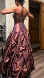 Red Brown Strapless A-Line Satin Beaded Long Prom Dresses HZ1024