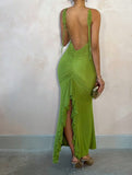 Green V-Neck Mermaid Chiffon Backless Fashion Dress HZ1024