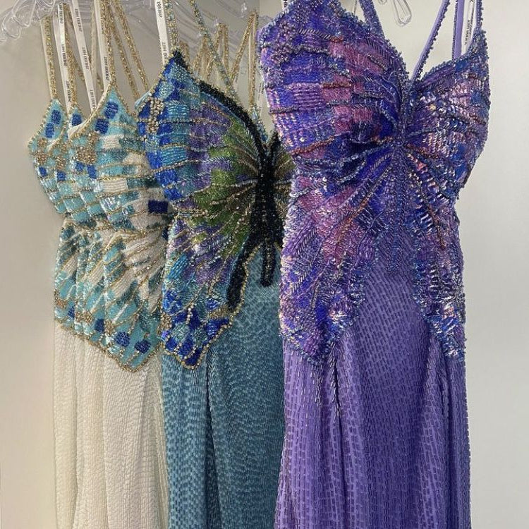 Purple Chiffon Beaded Sheath Elegant Backless Prom Dresses with Slits HZ1024