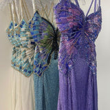 Purple Chiffon Beaded Sheath Elegant Backless Prom Dresses with Slits HZ1024