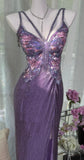 Purple Chiffon Beaded Sheath Elegant Backless Prom Dresses with Slits HZ1024