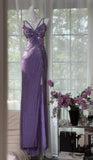 Purple Chiffon Beaded Sheath Elegant Backless Prom Dresses with Slits HZ1024