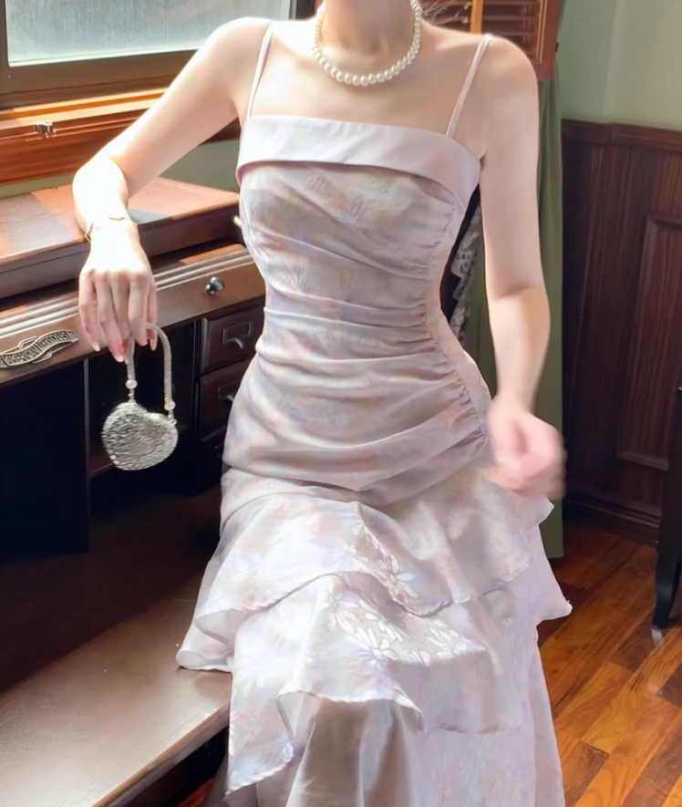 Pink Spaghetti Straps Long Prom Dress Formal Dresses Chiffon Ruffles Layered Stunning 18th Birthday Party Dresses HZ1024