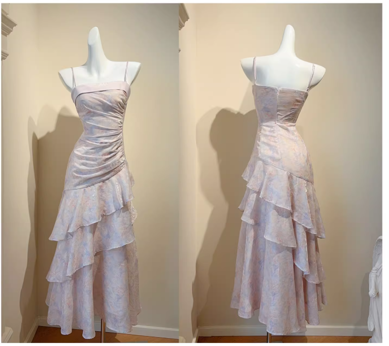 Pink Spaghetti Straps Long Prom Dress Formal Dresses Chiffon Ruffles Layered Stunning 18th Birthday Party Dresses HZ1024