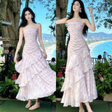 Pink Spaghetti Straps Long Prom Dress Formal Dresses Chiffon Ruffles Layered Stunning 18th Birthday Party Dresses HZ1024