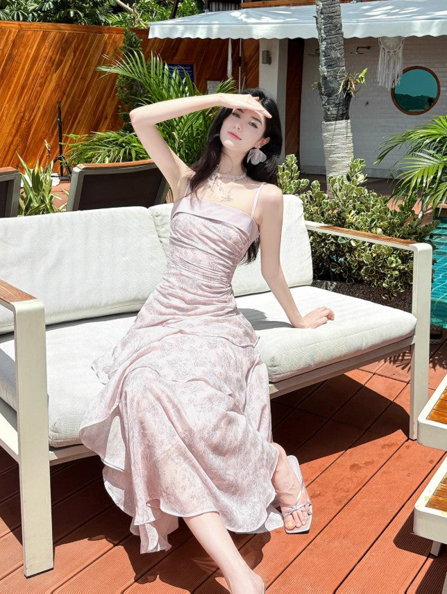 Pink Spaghetti Straps Long Prom Dress Formal Dresses Chiffon Ruffles Layered Stunning 18th Birthday Party Dresses HZ1024