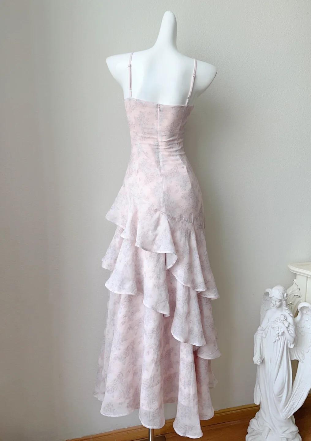 Pink Spaghetti Straps Long Prom Dress Formal Dresses Chiffon Ruffles Layered Stunning 18th Birthday Party Dresses HZ1024