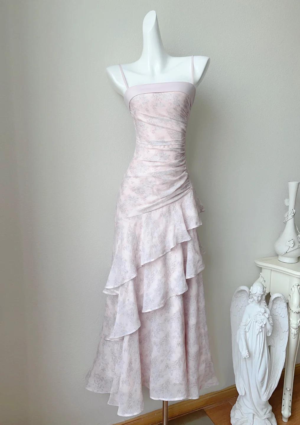 Pink Spaghetti Straps Long Prom Dress Formal Dresses Chiffon Ruffles Layered Stunning 18th Birthday Party Dresses HZ1024