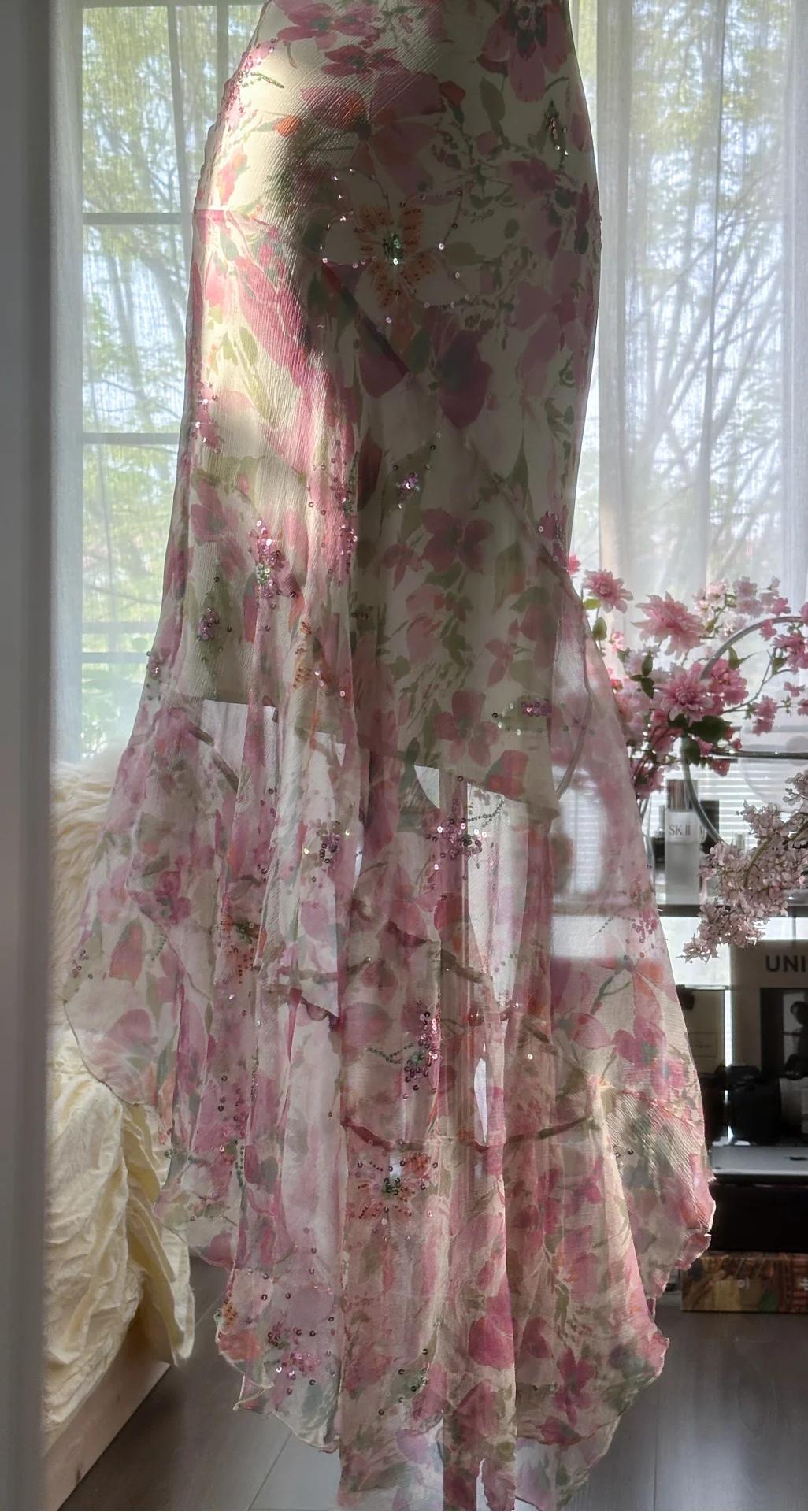 Printed Chiffon Sequin Mermaid Formal Dresses Spaghetti Strap Vintage Evening Dress HZ1024