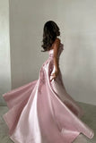 Pink A-Line Strapless Satin Prom Dress with Appliques Train Evening Gowns HZ1024