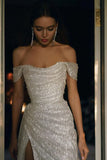 A-Line Off the Shoulder Evening Gowns Silver Sequins Long Prom Dress with Split Front HZ1024