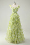 Light Sage Green Square Neck Printed Chiffon A-Line Long Prom Dresses Birthday Evening Gowns HZ1024