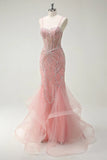 Peach Spaghetti Straps Mermaid Beaded Tulle Long Prom Dresses Formal Evening Gowns HZ1024