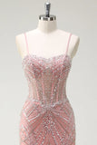 Peach Spaghetti Straps Mermaid Beaded Tulle Long Prom Dresses Formal Evening Gowns HZ1024